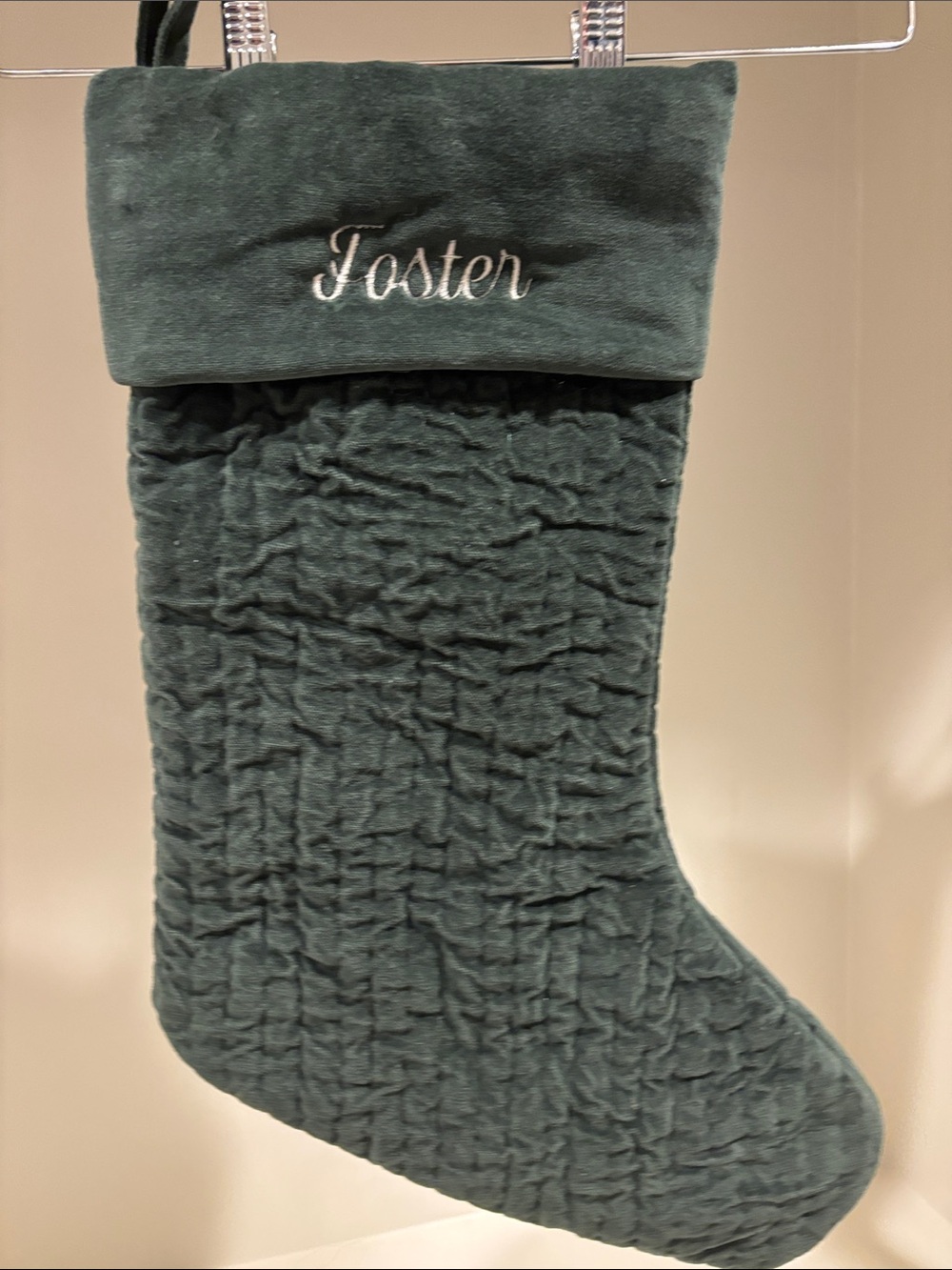 Pottery Barn Dark Green Velvet Holiday Stocking with Embroidered Name “Foster”